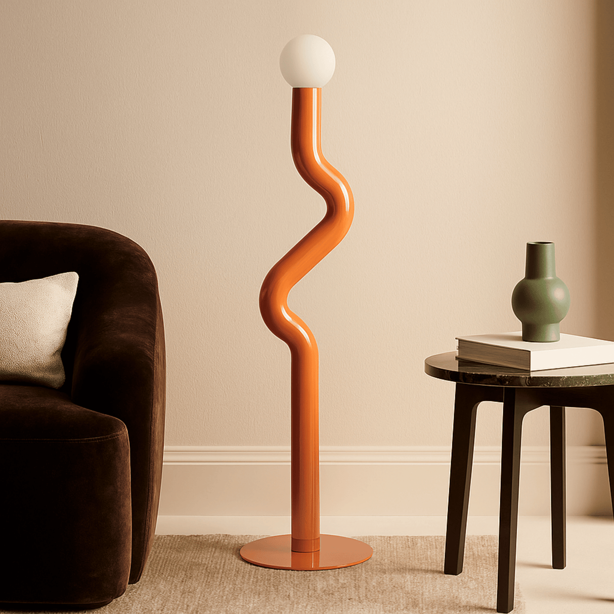 Modern floor lamp with wavy design in a living room setting.