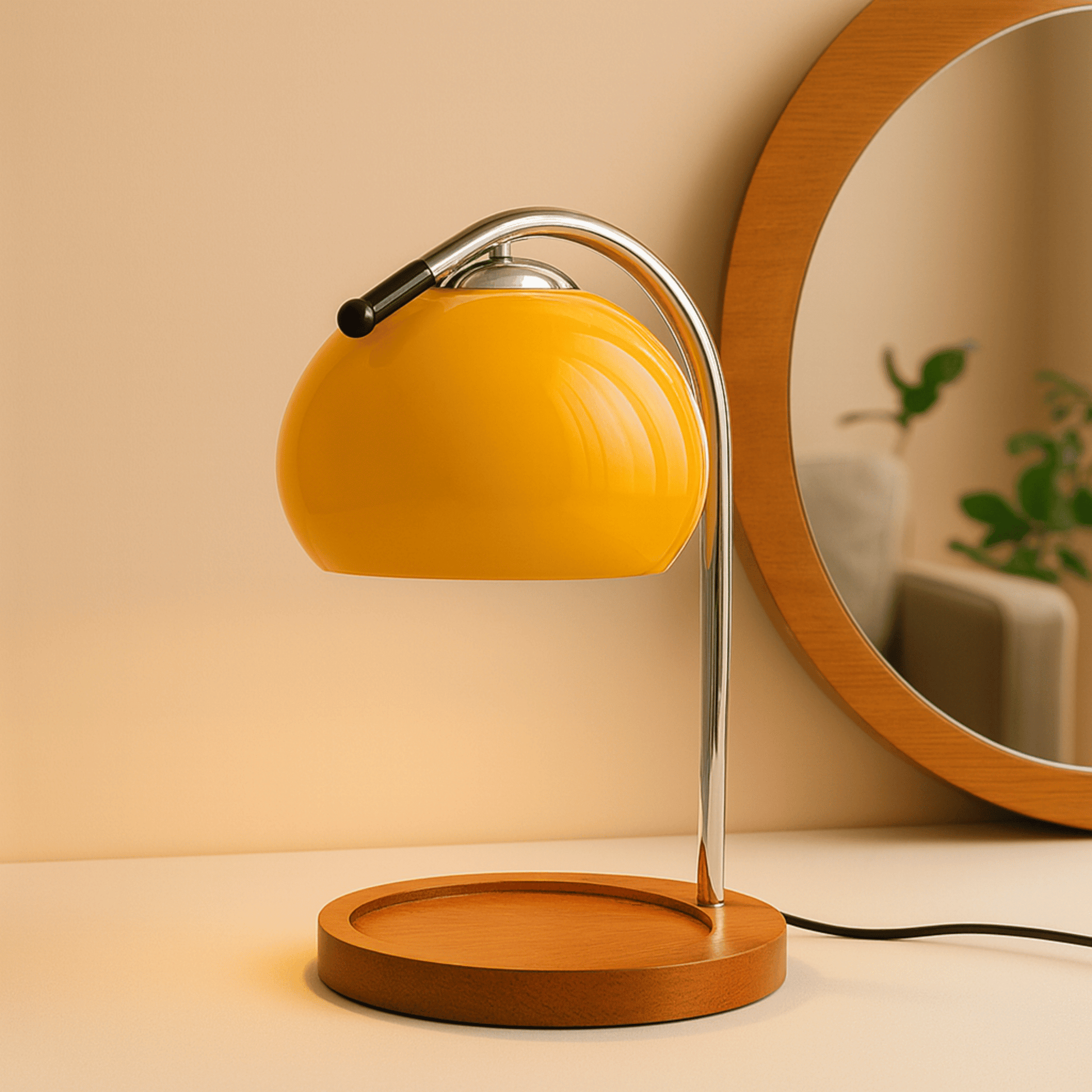 Yellow table lamp with wooden base on a beige surface, mirror reflecting indoor plants in the background.