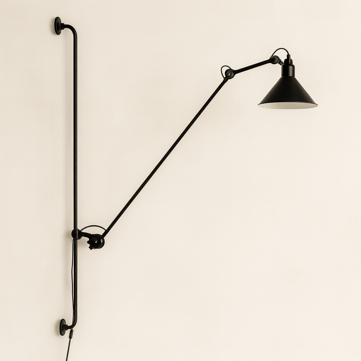 Black wall-mounted lamp with adjustable arm on a beige background