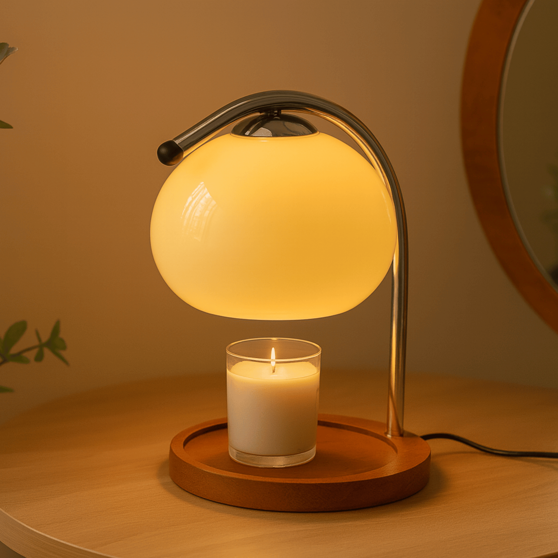 Table lamp with a glass candle holder on a wooden base, emitting a warm glow.
