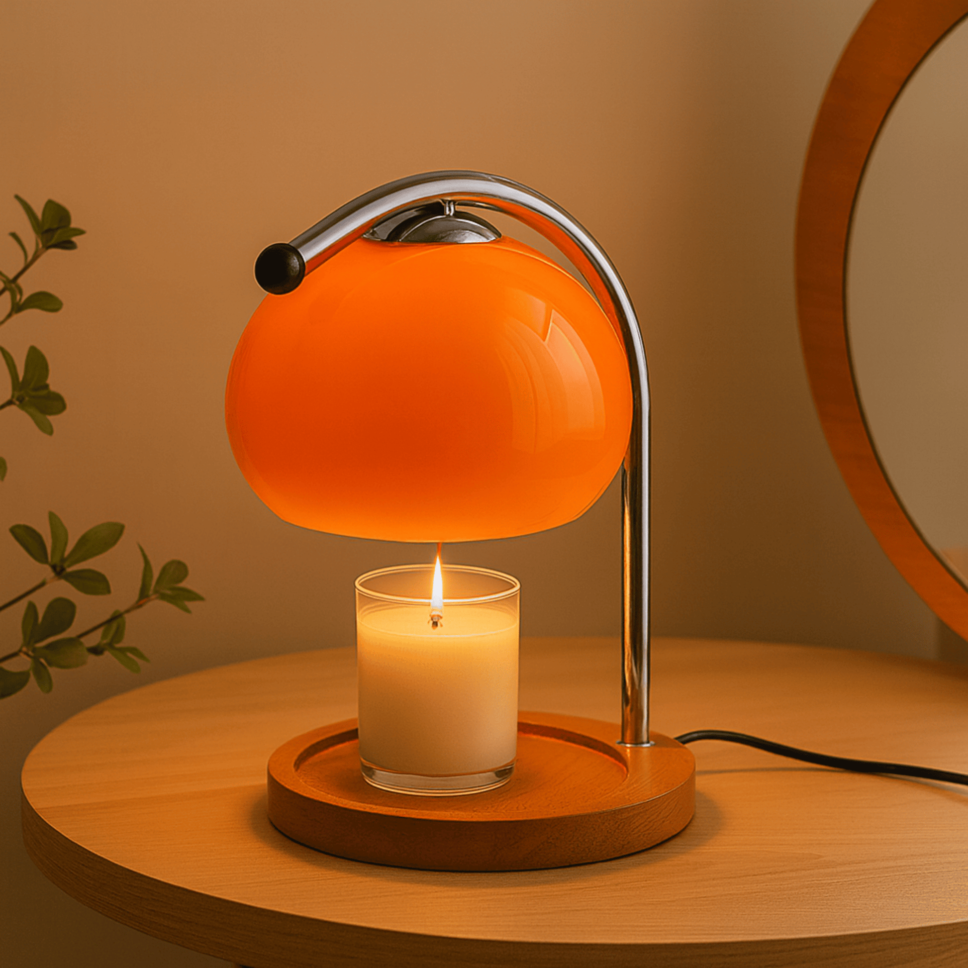 Table lamp with orange glass shade and wooden base on a table, candle inside.