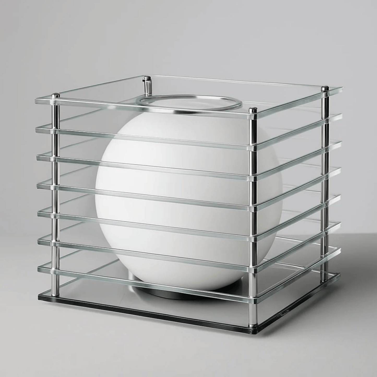 White spherical object inside a transparent glass cube on a gray background