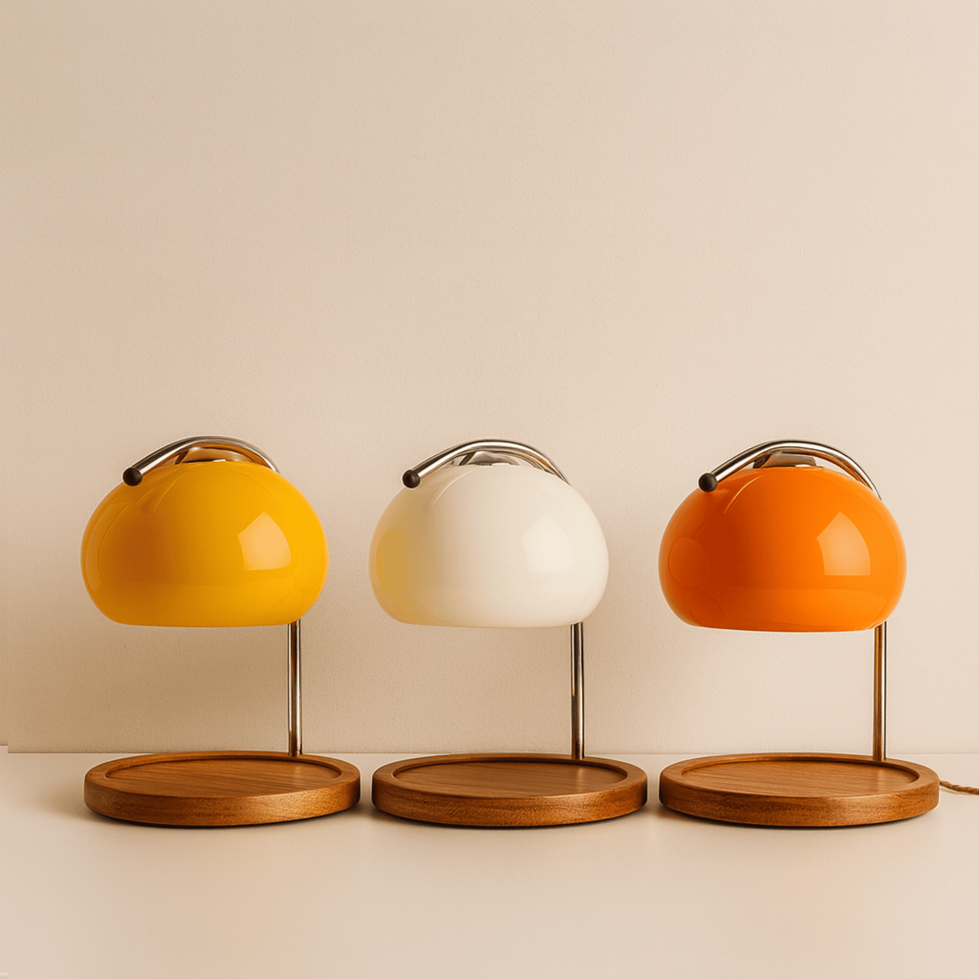 Three table lamps with yellow, white, and orange shades on wooden bases against a beige background.