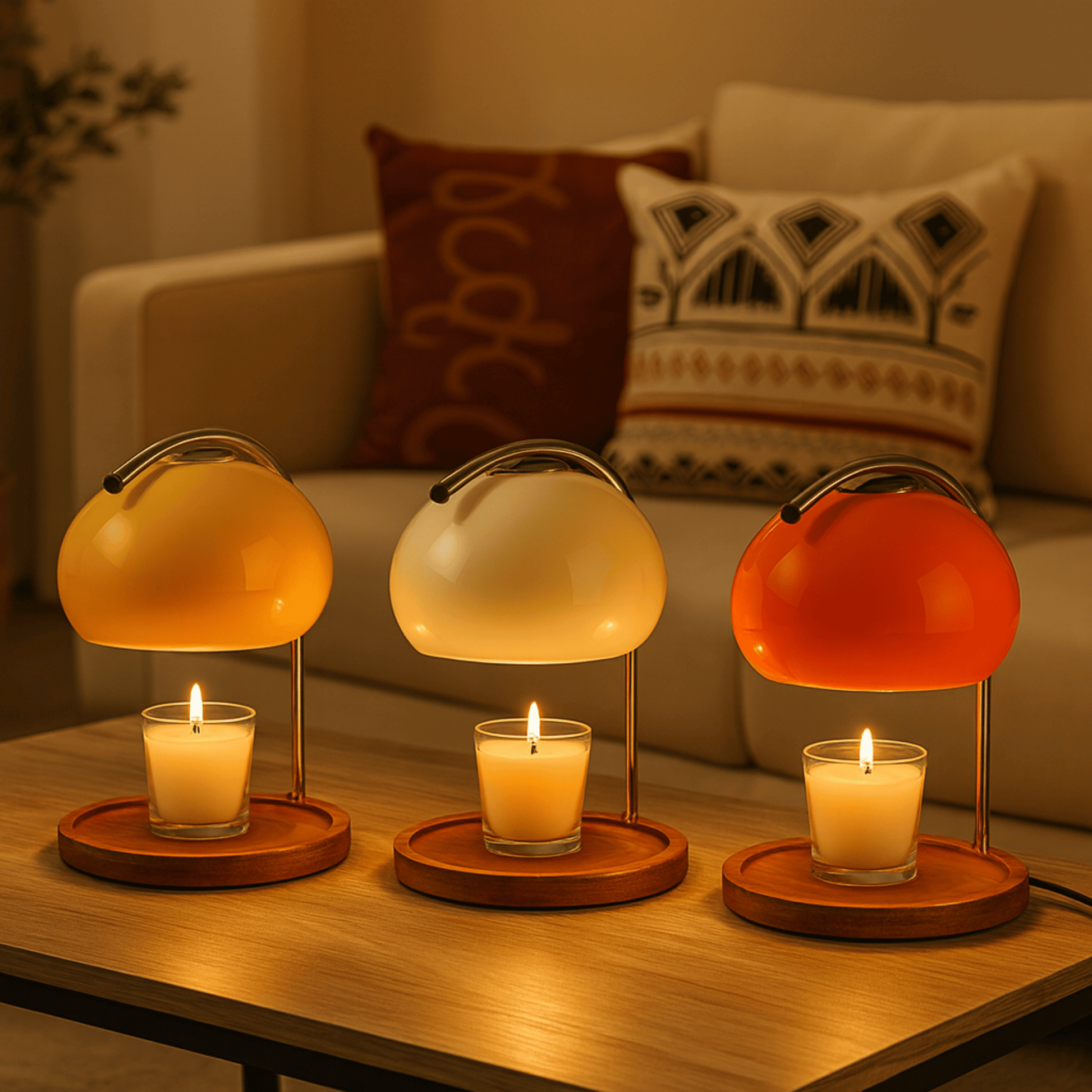 Three small table lamps with glass shades and candles on a wooden surface, with a couch and pillows in the background.
