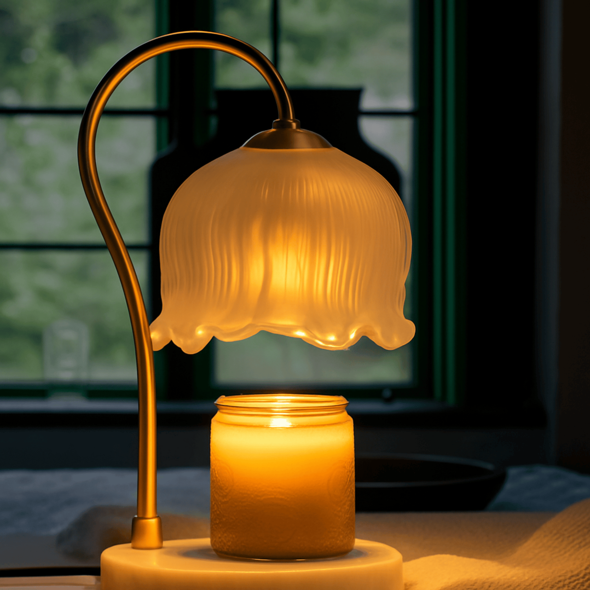 Decorative lamp with a glass shade and candle base on a blurred background
