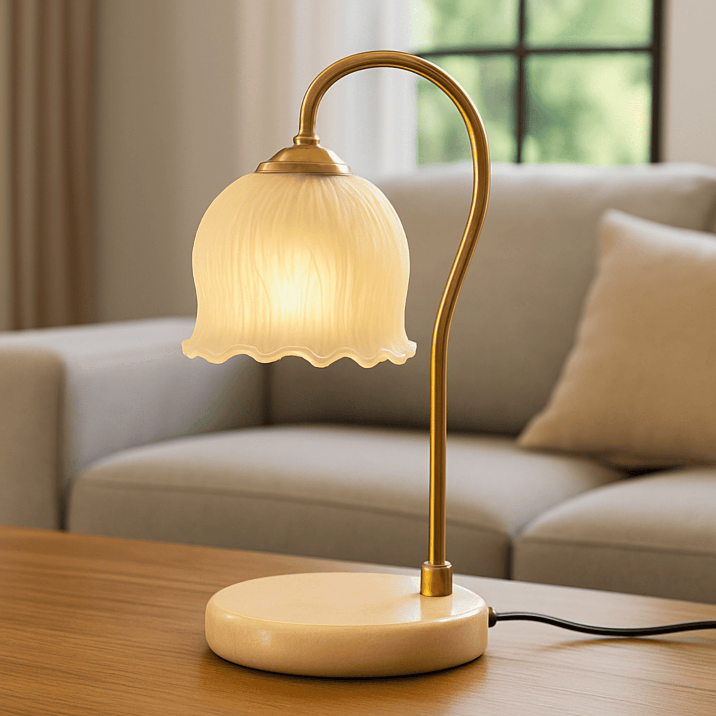 Table lamp with a decorative shade on a wooden table in a living room setting.