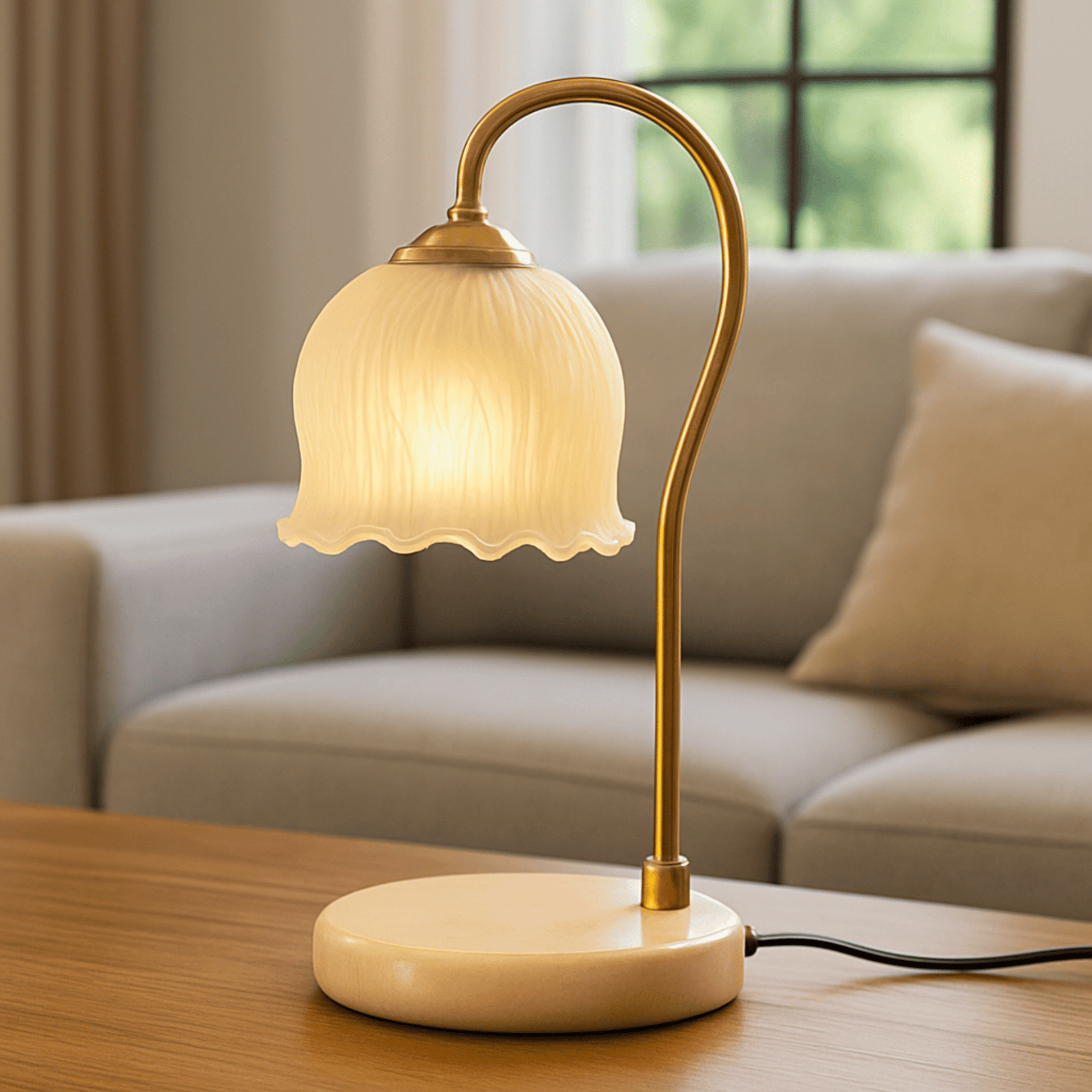Table lamp with a decorative shade on a wooden table in a living room setting.