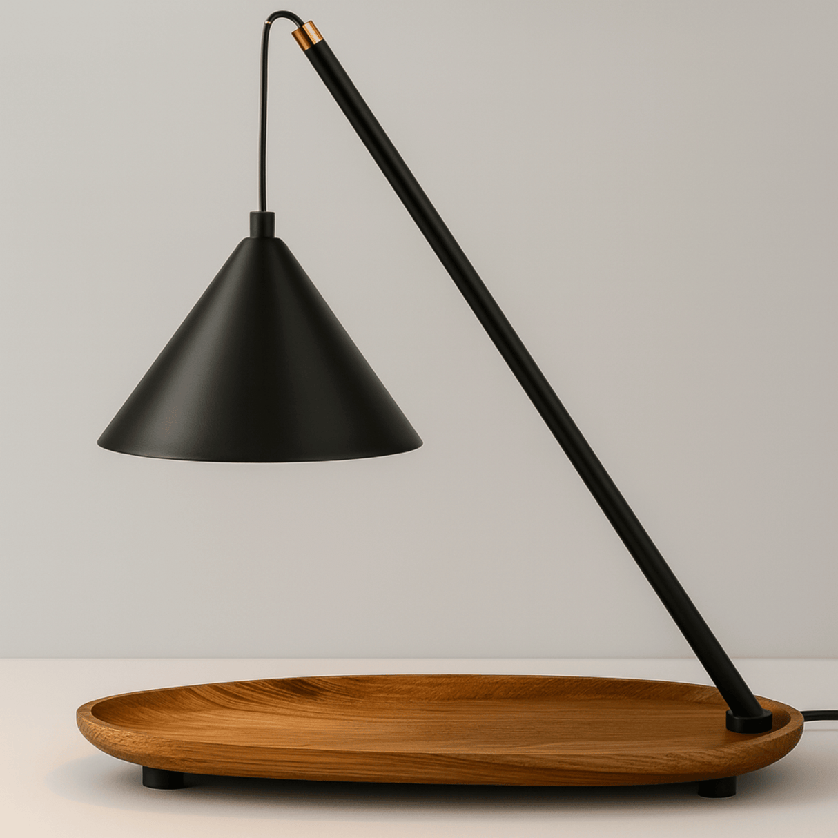 Black adjustable candle warmer lamp with wooden base on a neutral background
