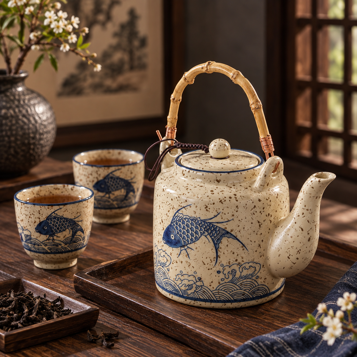 Sakana Ceramic Fish Teapot & 6-Cup Set