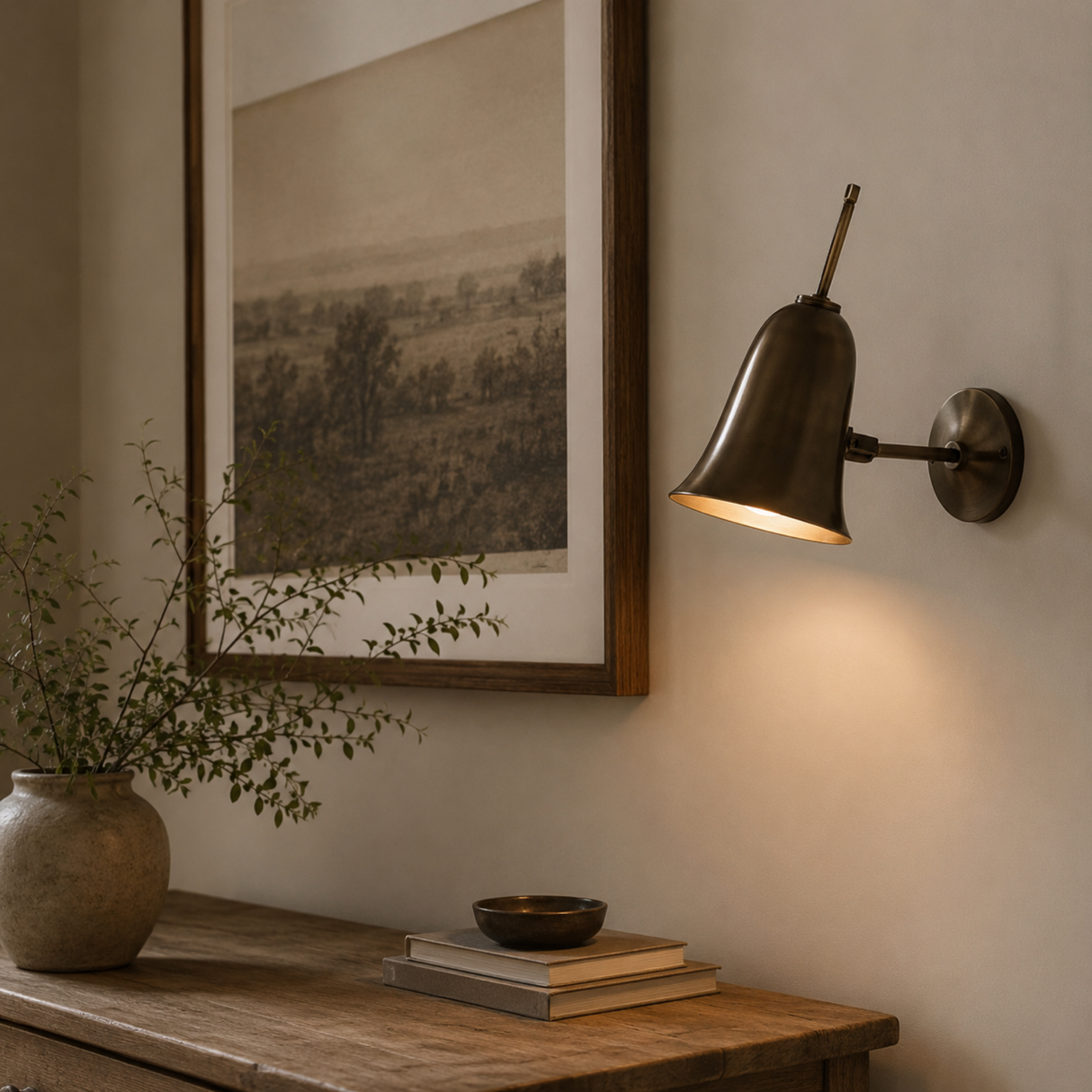 Wall-mounted lamp casting light on a framed landscape painting in a room setting.