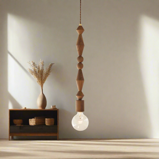 Wooden pendant light with a bulb on a white background