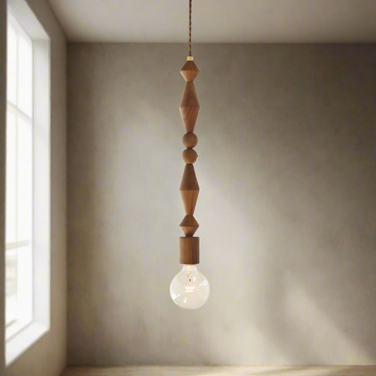 Wooden pendant light with a bulb on a white background