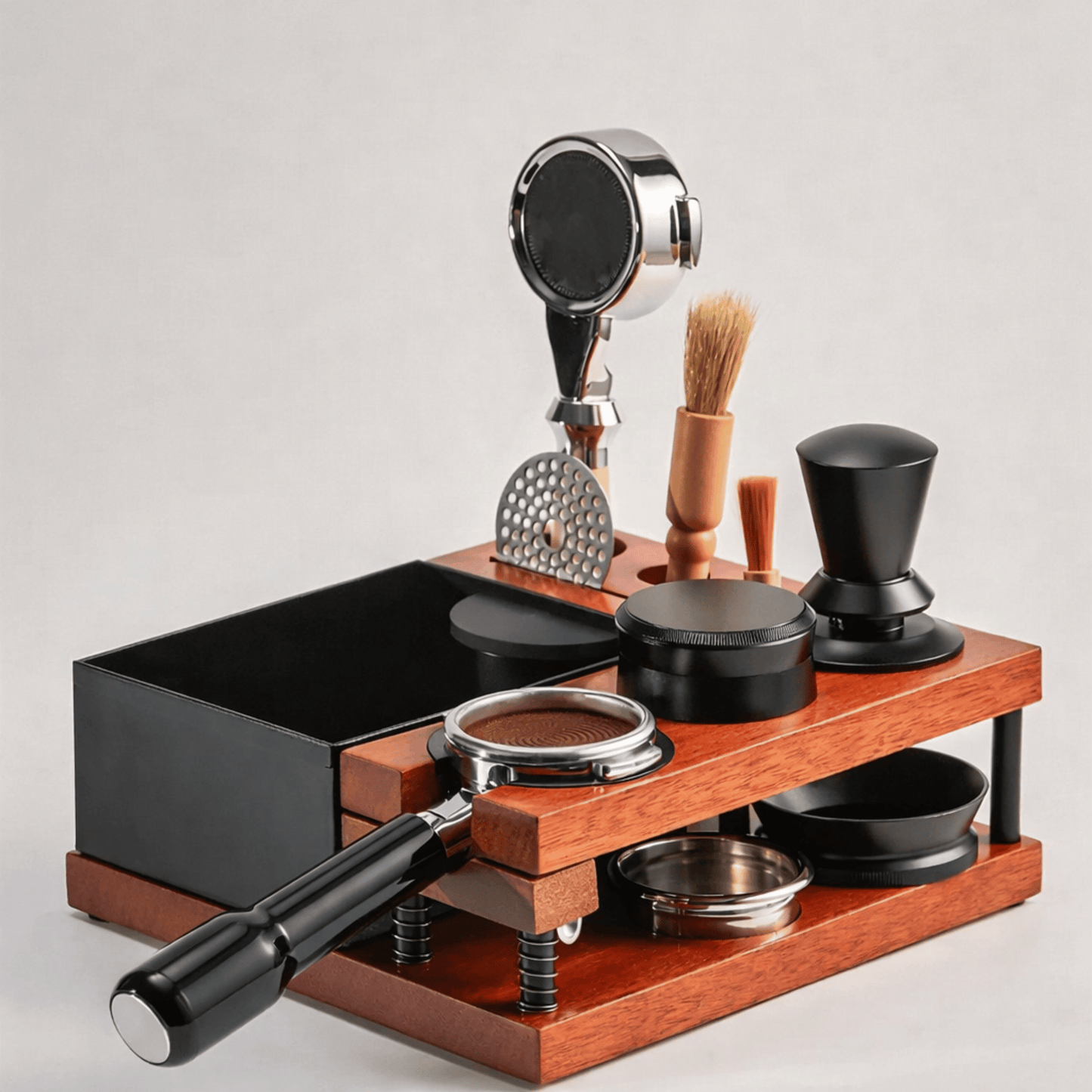 Set of grooming tools on a wooden stand with a white background