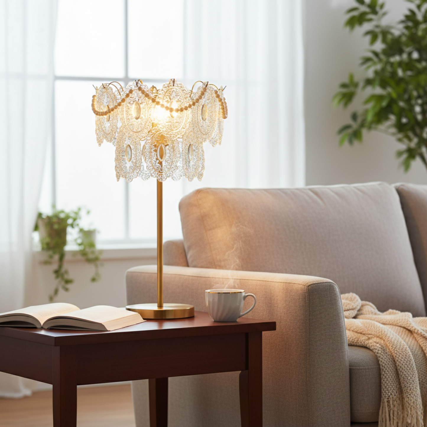 A well-lit living room scene with a lamp on a side table next to a comfortable sofa, surrounded by soft pillows and plants.