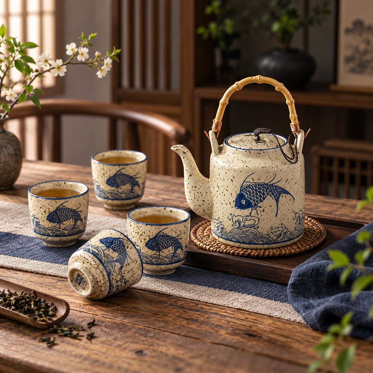 Sakana Ceramic Fish Teapot & 6-Cup Set