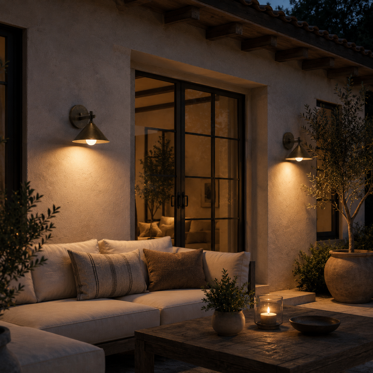 Outdoor evening setting with a cozy patio area featuring a sofa, coffee table, and decorative elements.