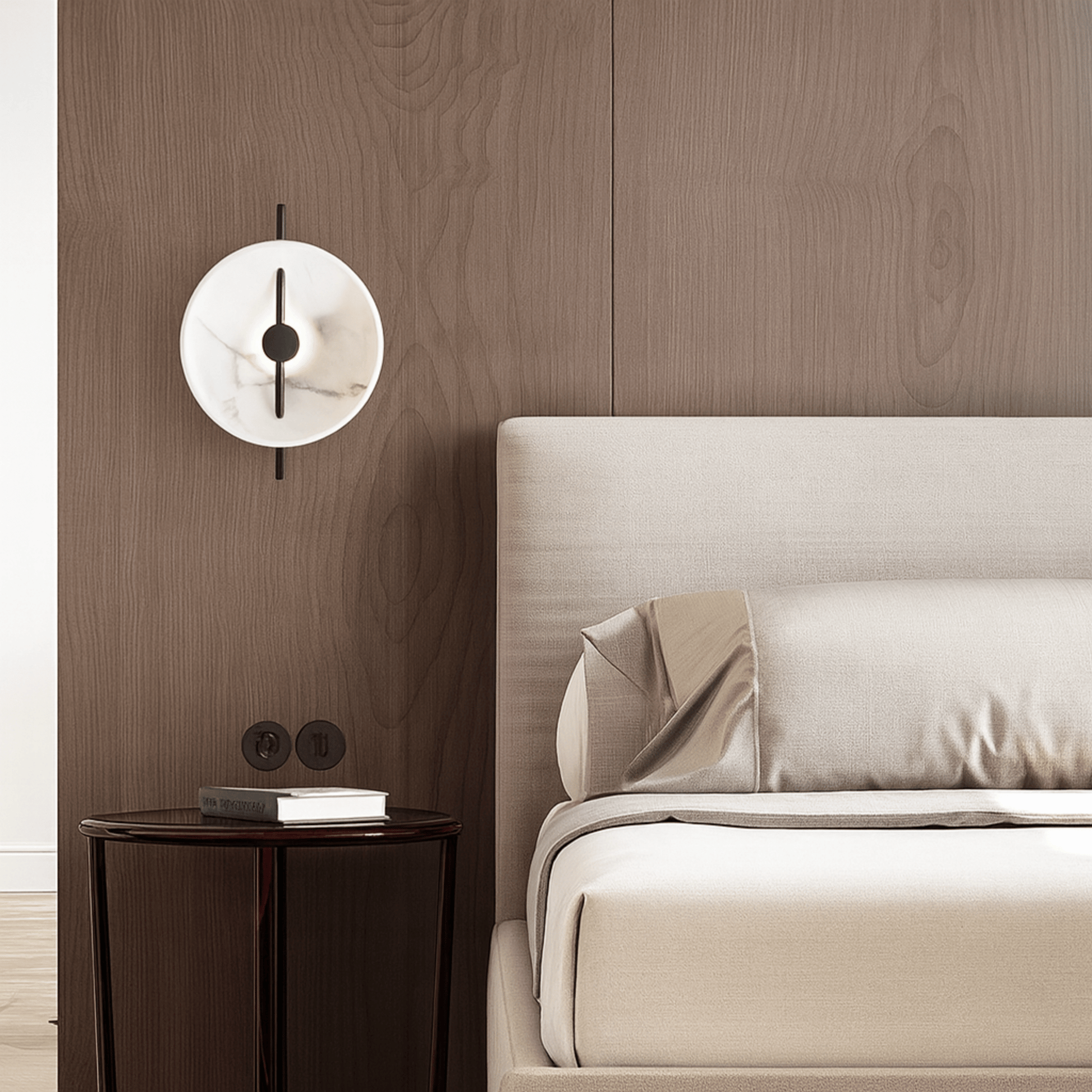 Modern bedroom with a bed, side table, and wall lamp.