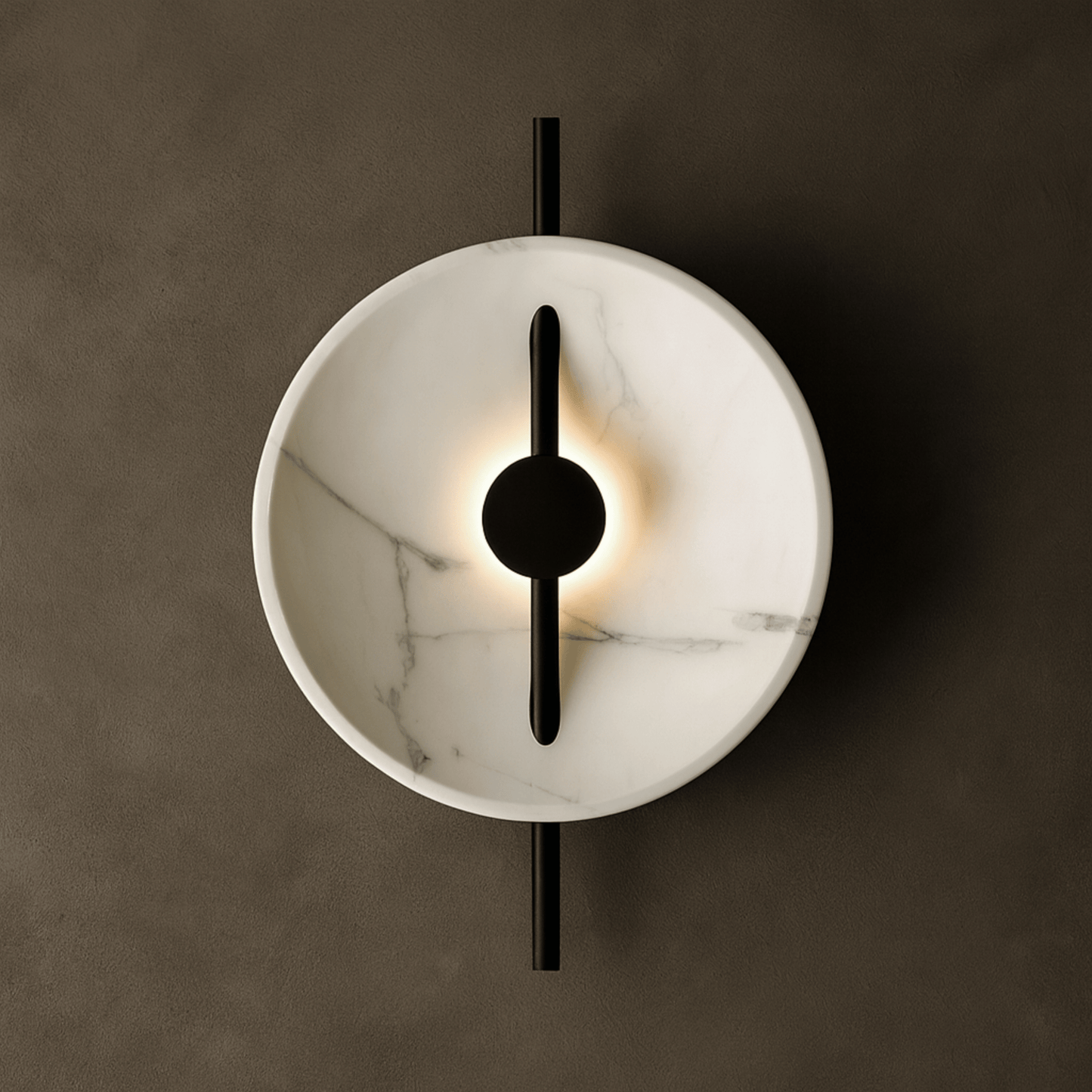 Modern wall light fixture with marble-like finish and black accents on a dark background