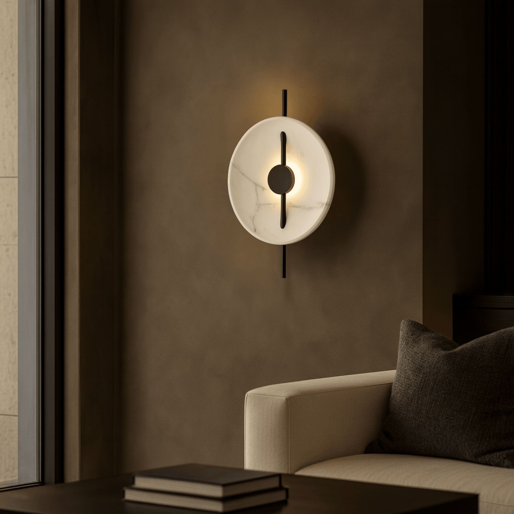 Modern wall lamp on a textured wall with a sofa and books in the foreground