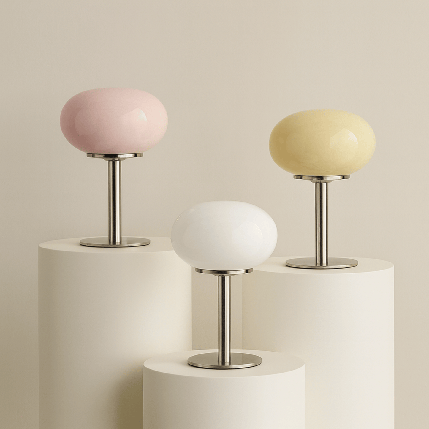 Three small table lamps with pastel-colored shades on cylindrical bases against a beige background.