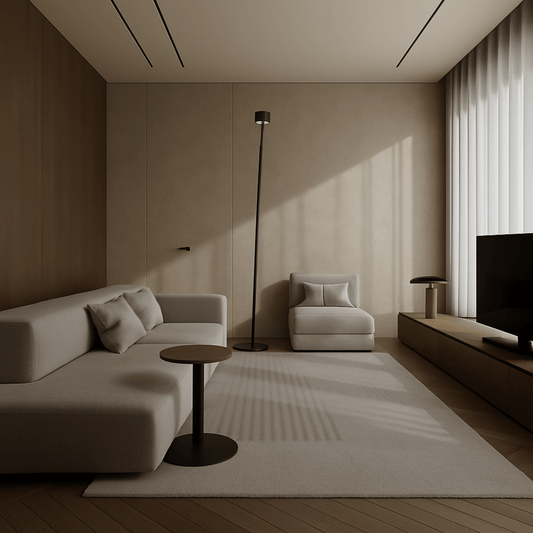 Modern living room with a beige sofa, armchair, and coffee table.