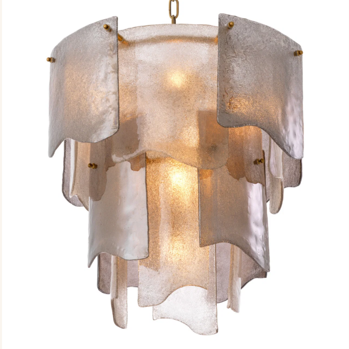 Decorative chandelier with layered glass panels on a white background