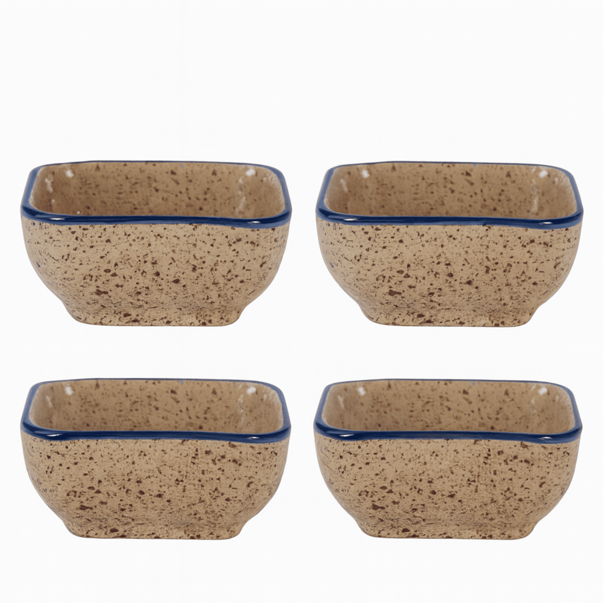 Four square ceramic bowls with speckled brown design and blue rim on a white background