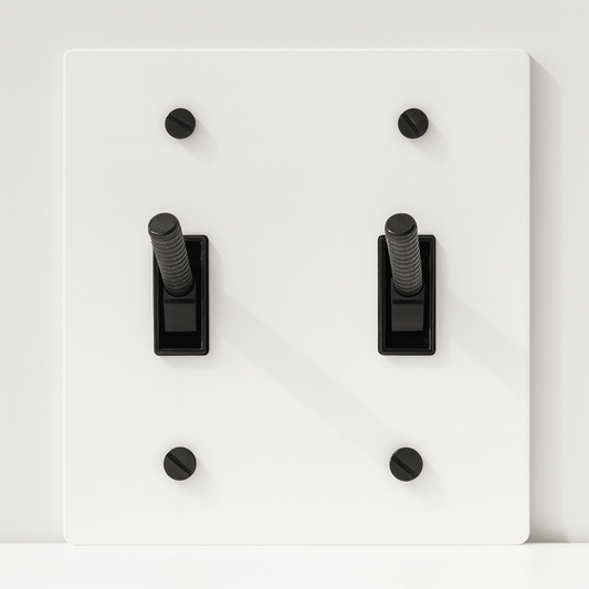 Two black light switches on a white wall