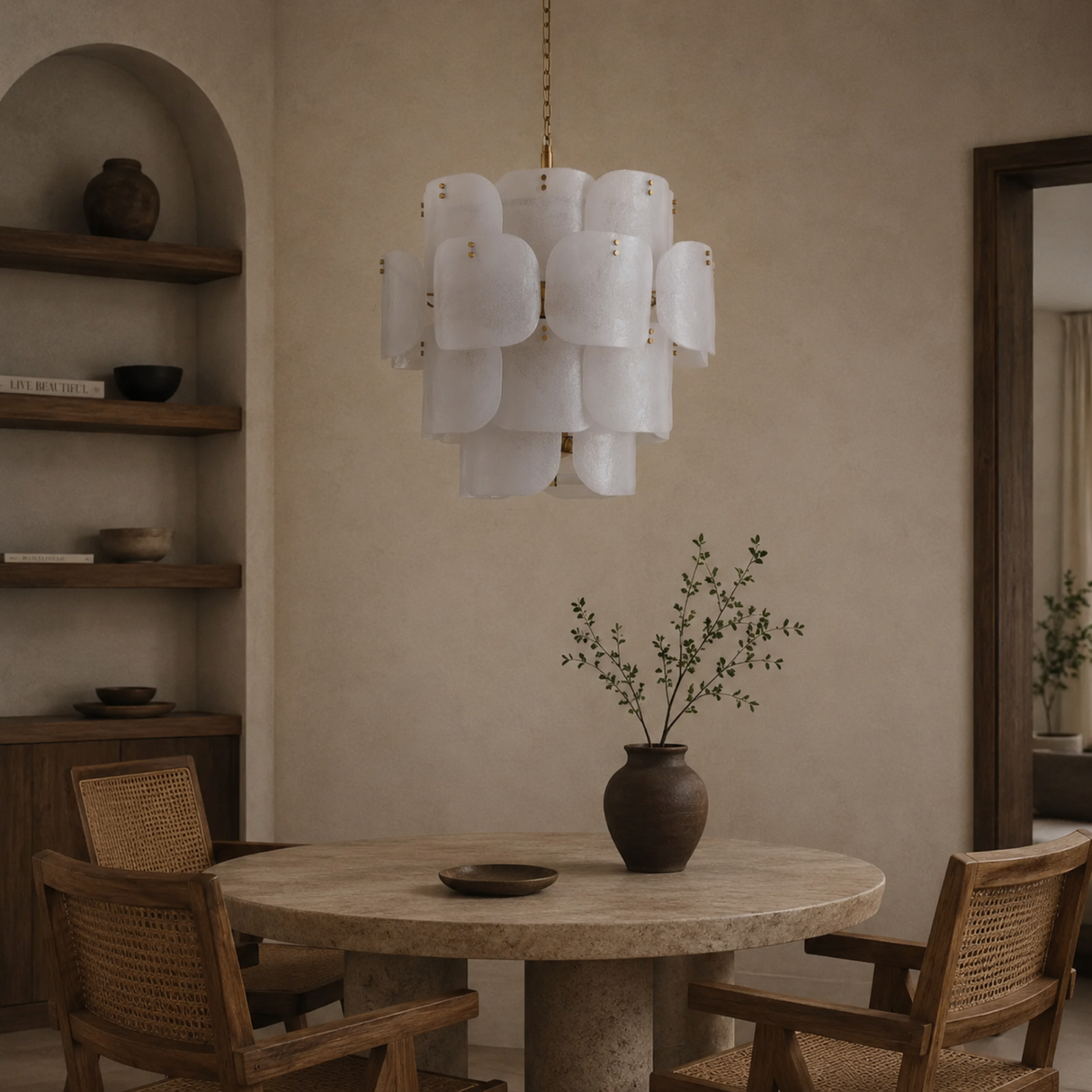 Dining room with a round table, chairs, and a modern chandelier.