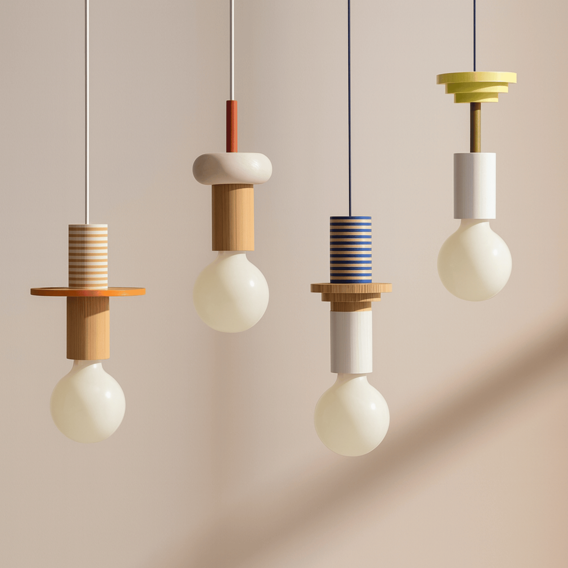 Five pendant lights with different designs on a beige background
