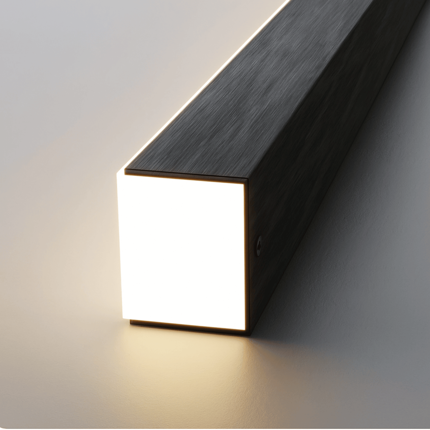 Modern wall-mounted light fixture with a dark wooden finish on a neutral background