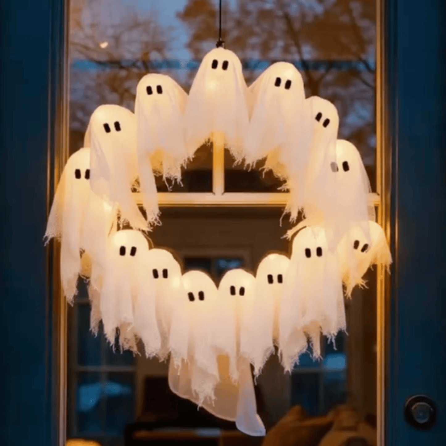 Decorative wreath made of ghost-shaped lights hanging on a door.