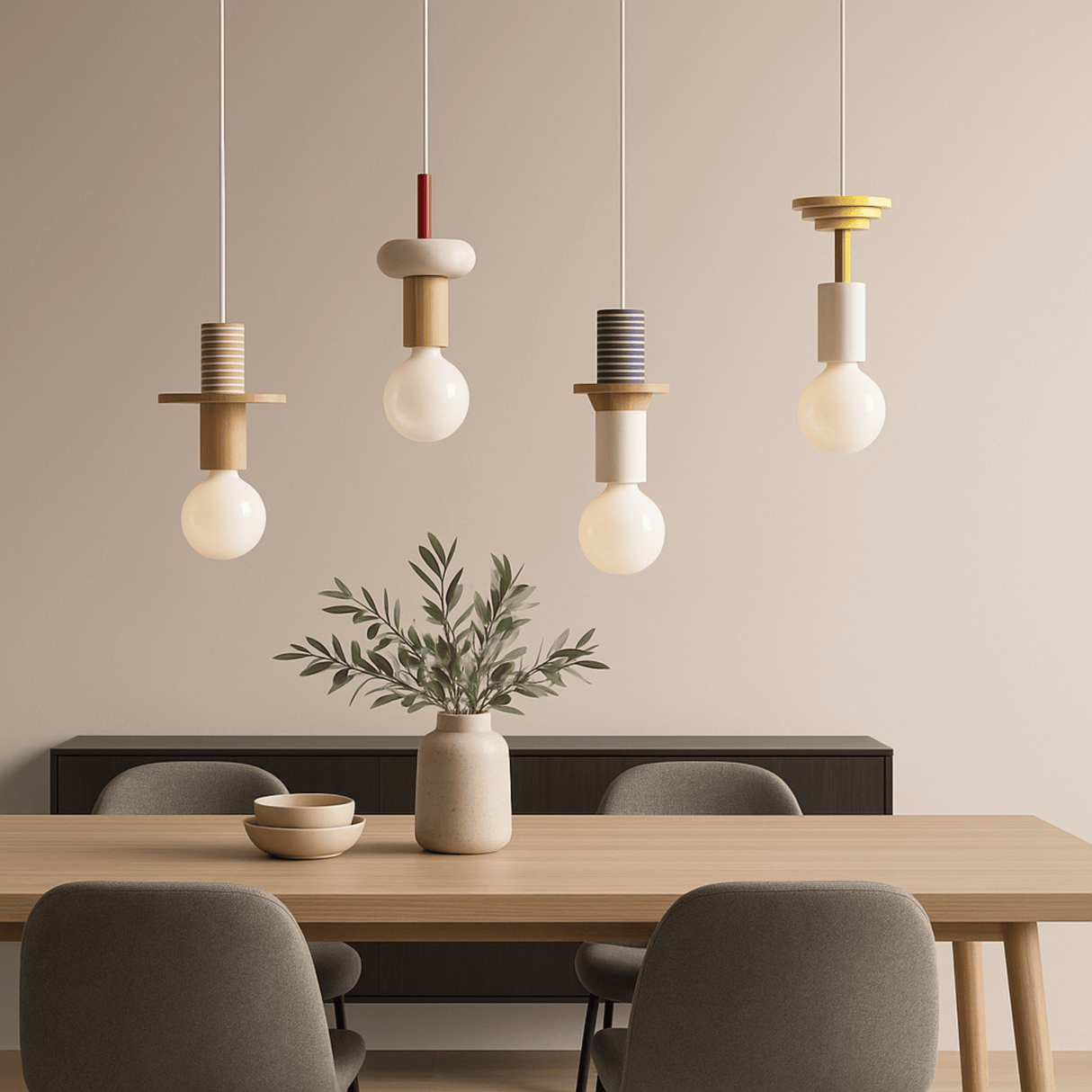 Dining room with pendant lights, table, chairs, and a vase with greenery.