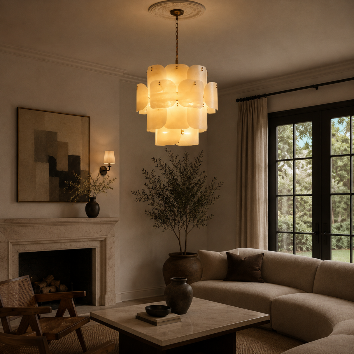 Living room with a chandelier, sofa, and fireplace