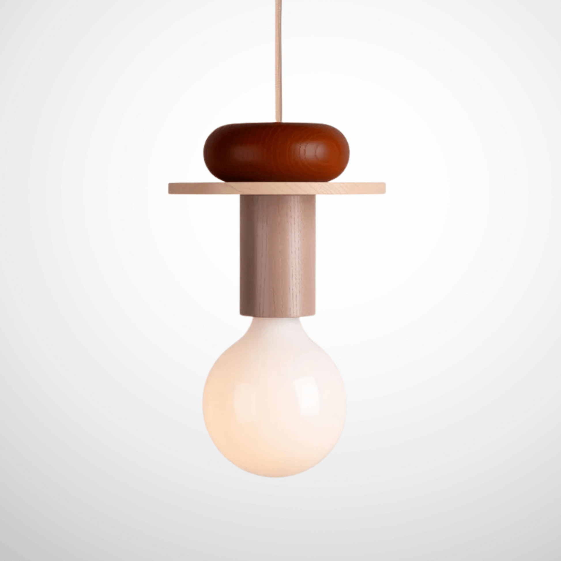 Modern pendant light with wooden design on a white background