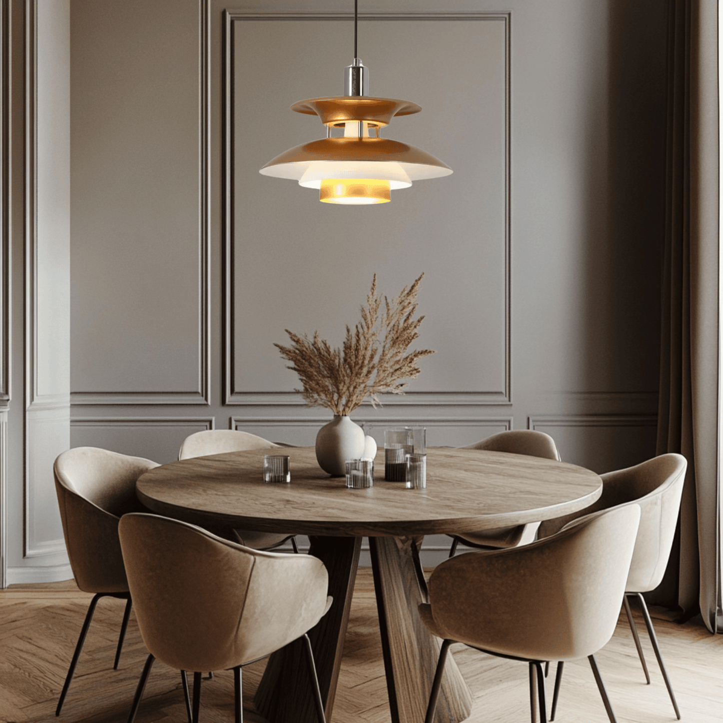 UFO design ceiling lamp in dinning room in gold color