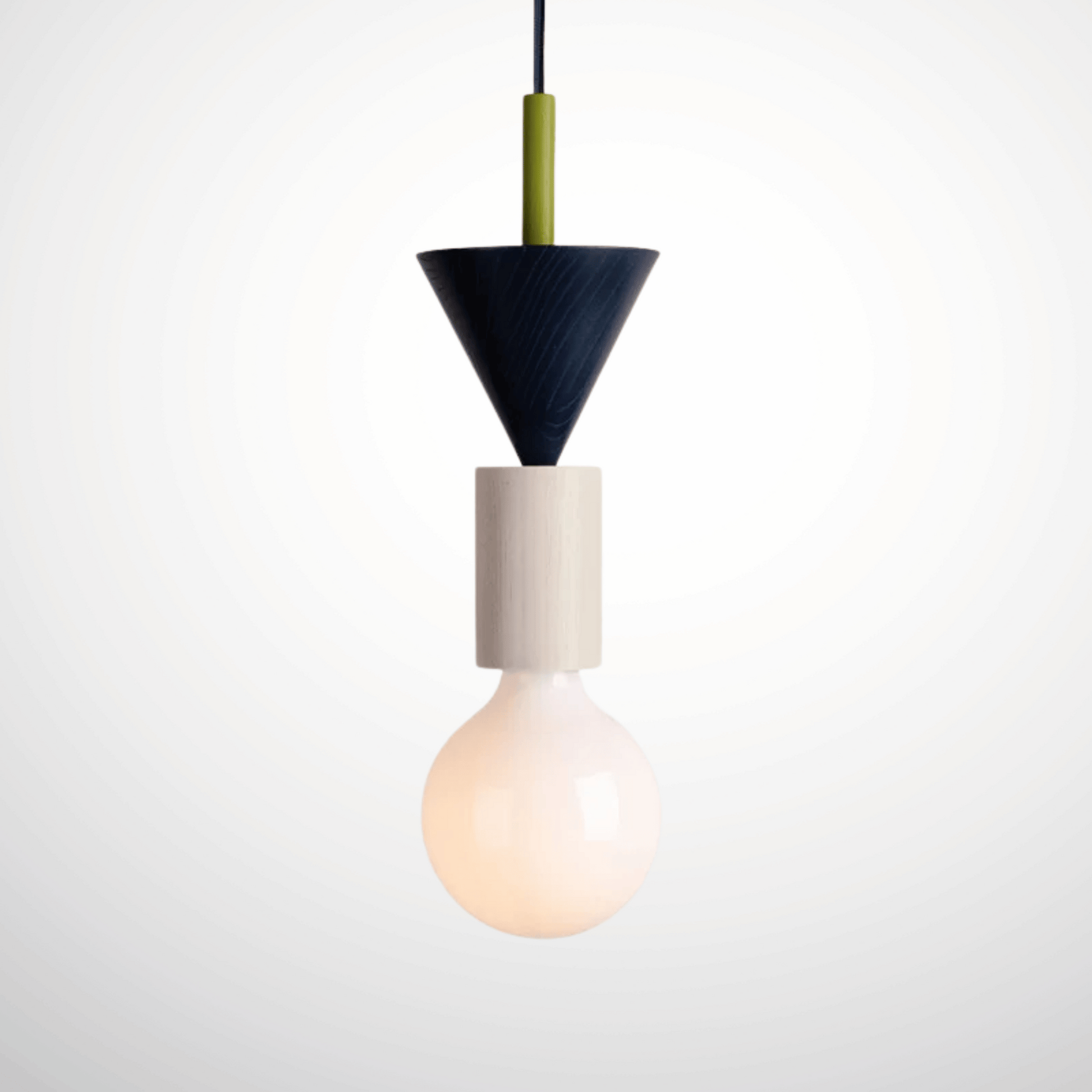 Modern pendant light with a cone-shaped shade on a white background