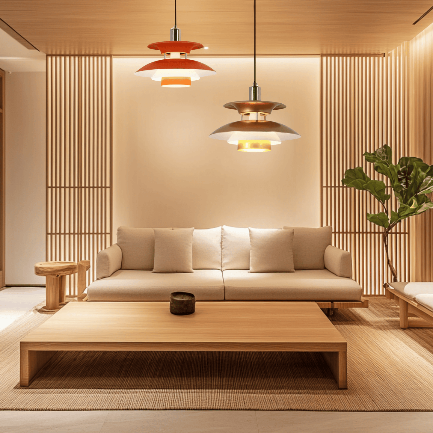 Combination of Orange and Gold UFO design ceiling lamp in peaceful living room