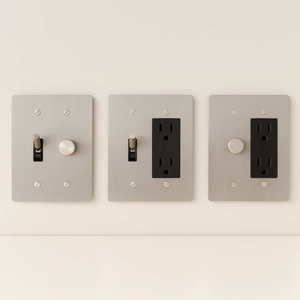 Three light switch and outlet covers on a white wall.