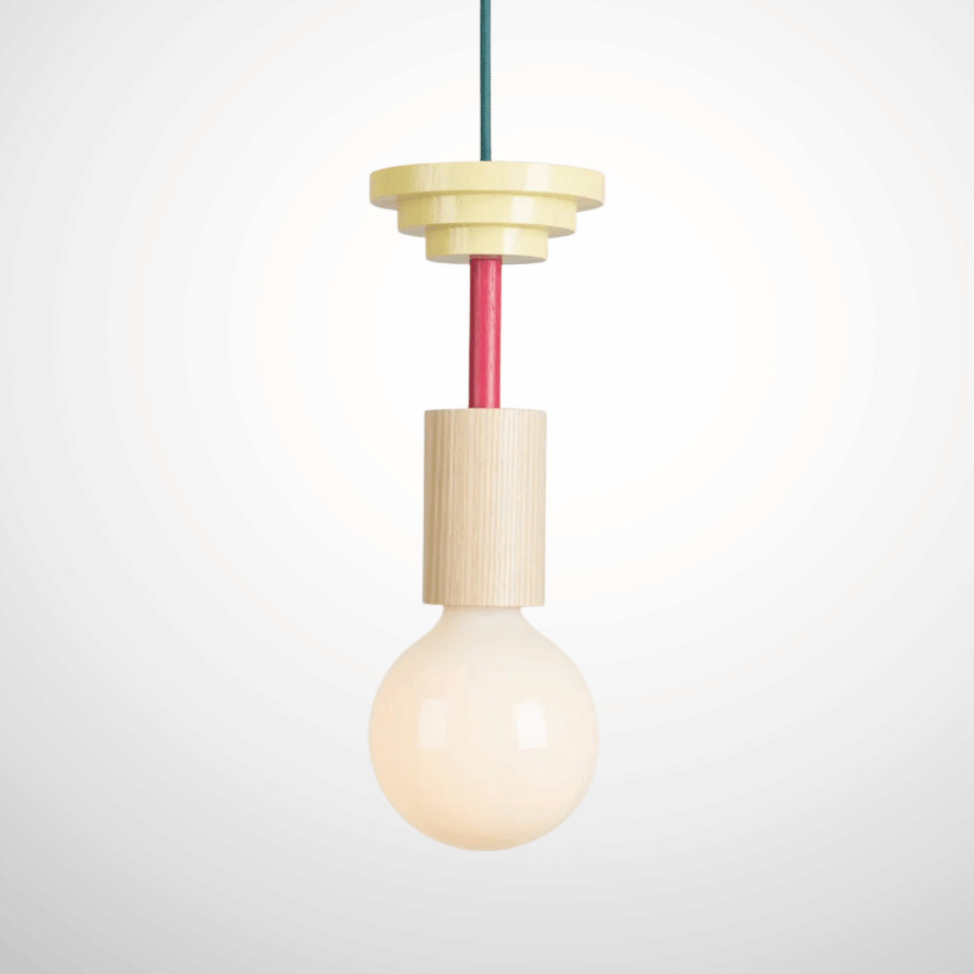 Minimalist pendant light with wooden fixture and exposed bulb on a white background