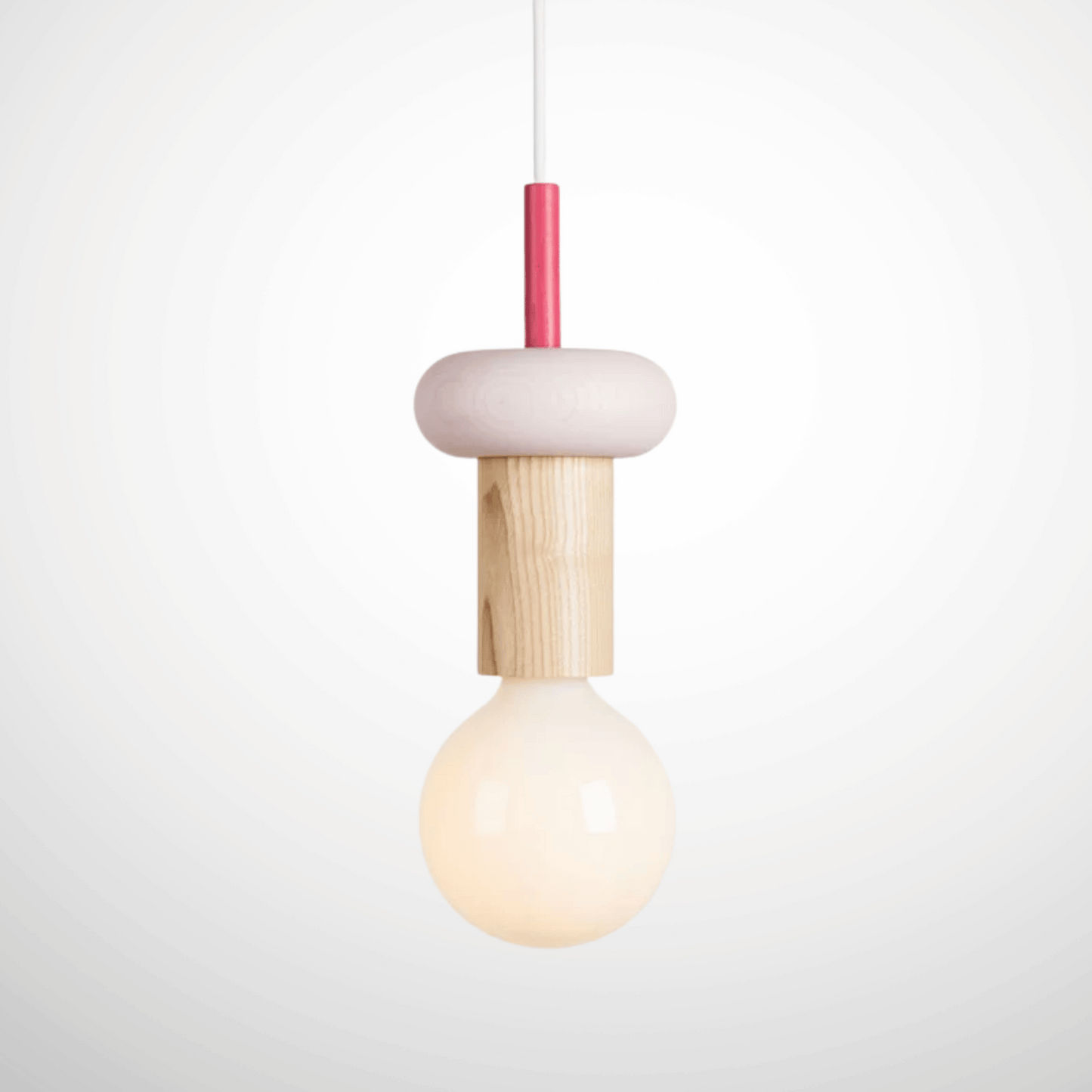 Minimalist pendant light with wooden and pink design on a white background