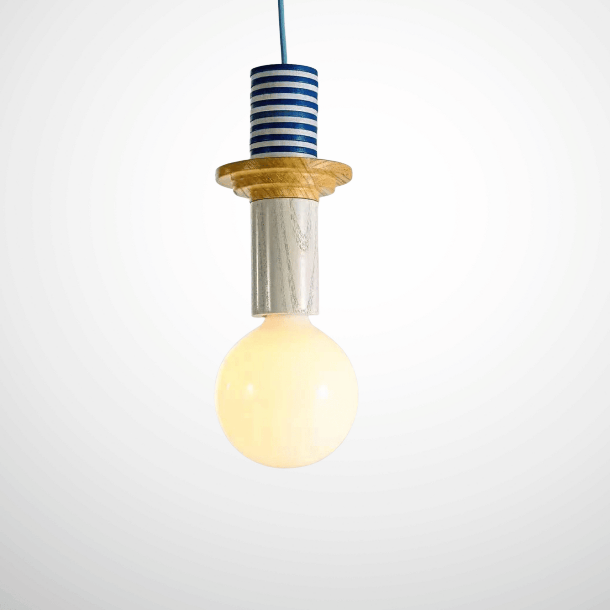 Light bulb in a decorative holder with striped design on a white background
