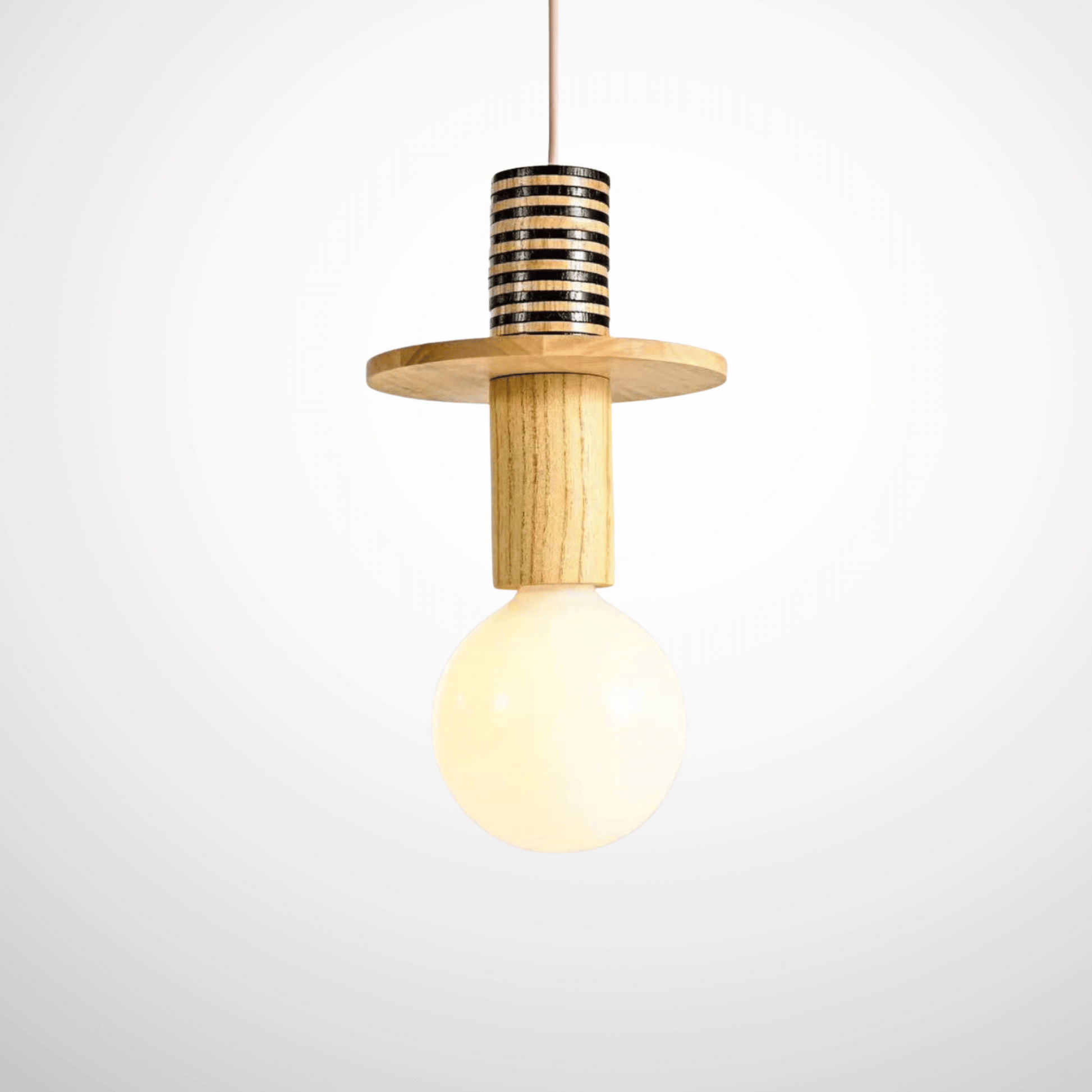 Wooden pendant light with a lit bulb on a white background