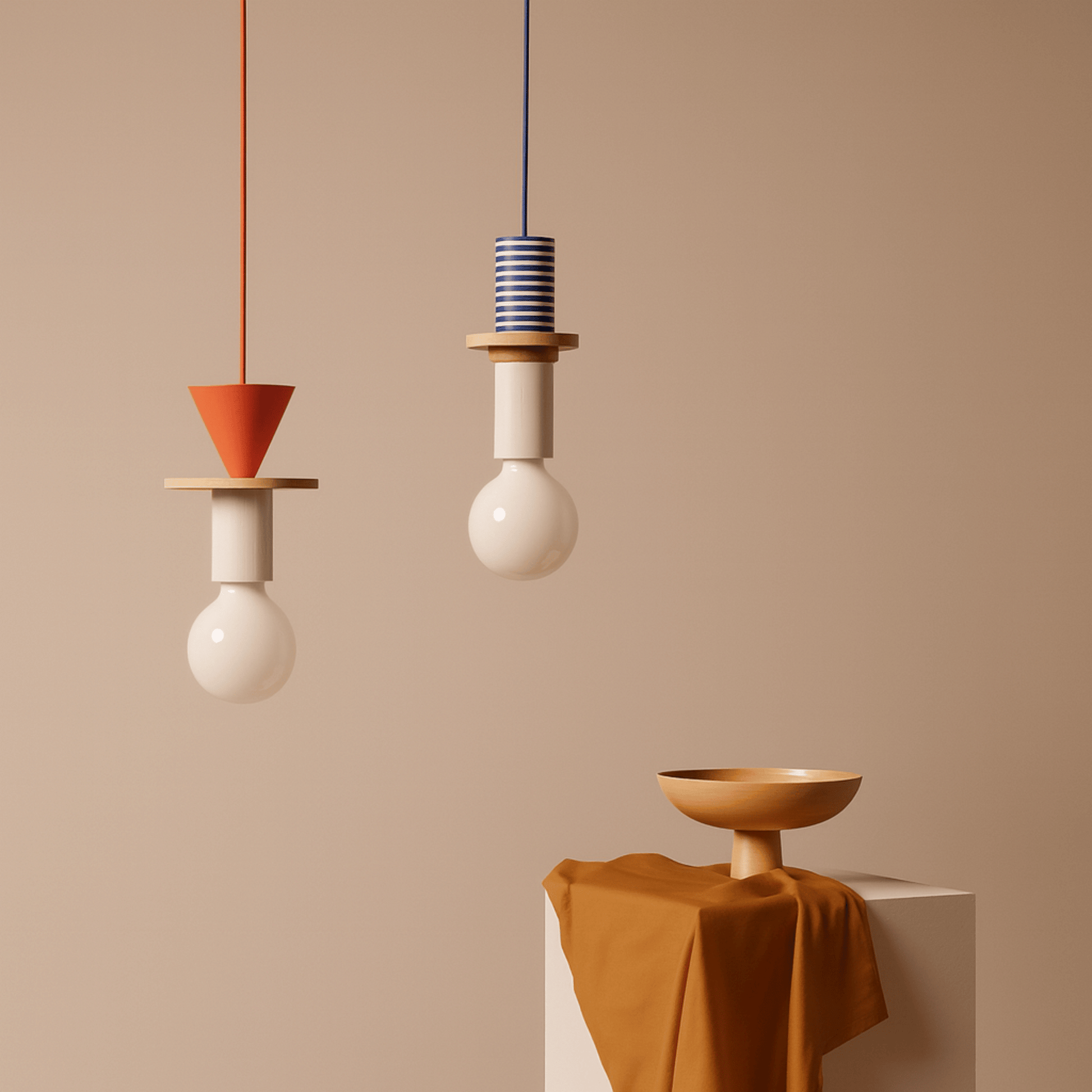 Three pendant lights with different designs against a beige wall.