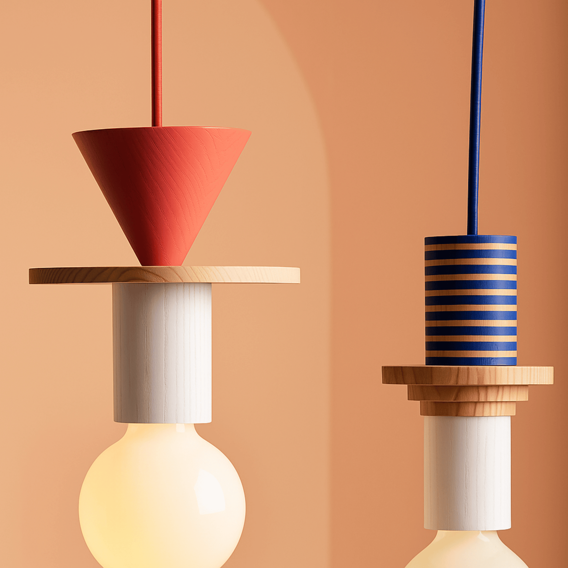 Two modern pendant lights with different designs on a peach background