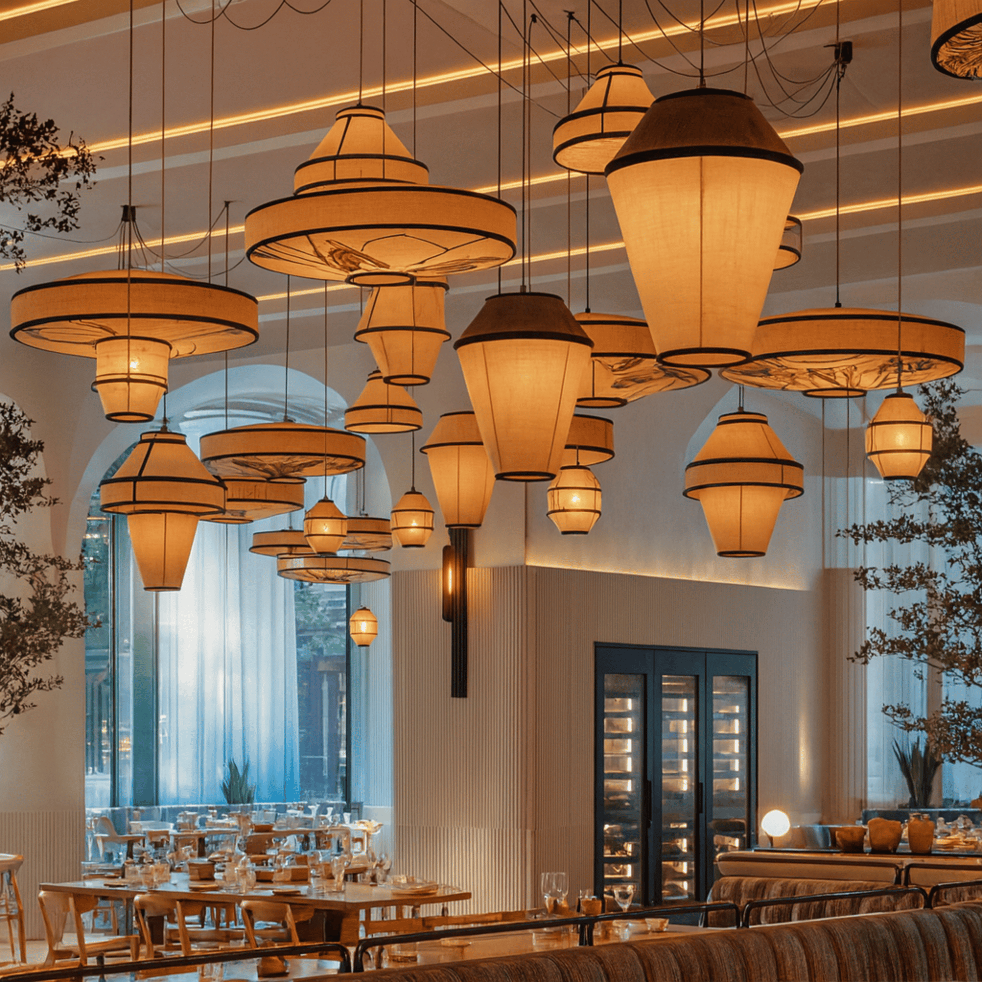 Modern restaurant interior with hanging pendant lights and tables.