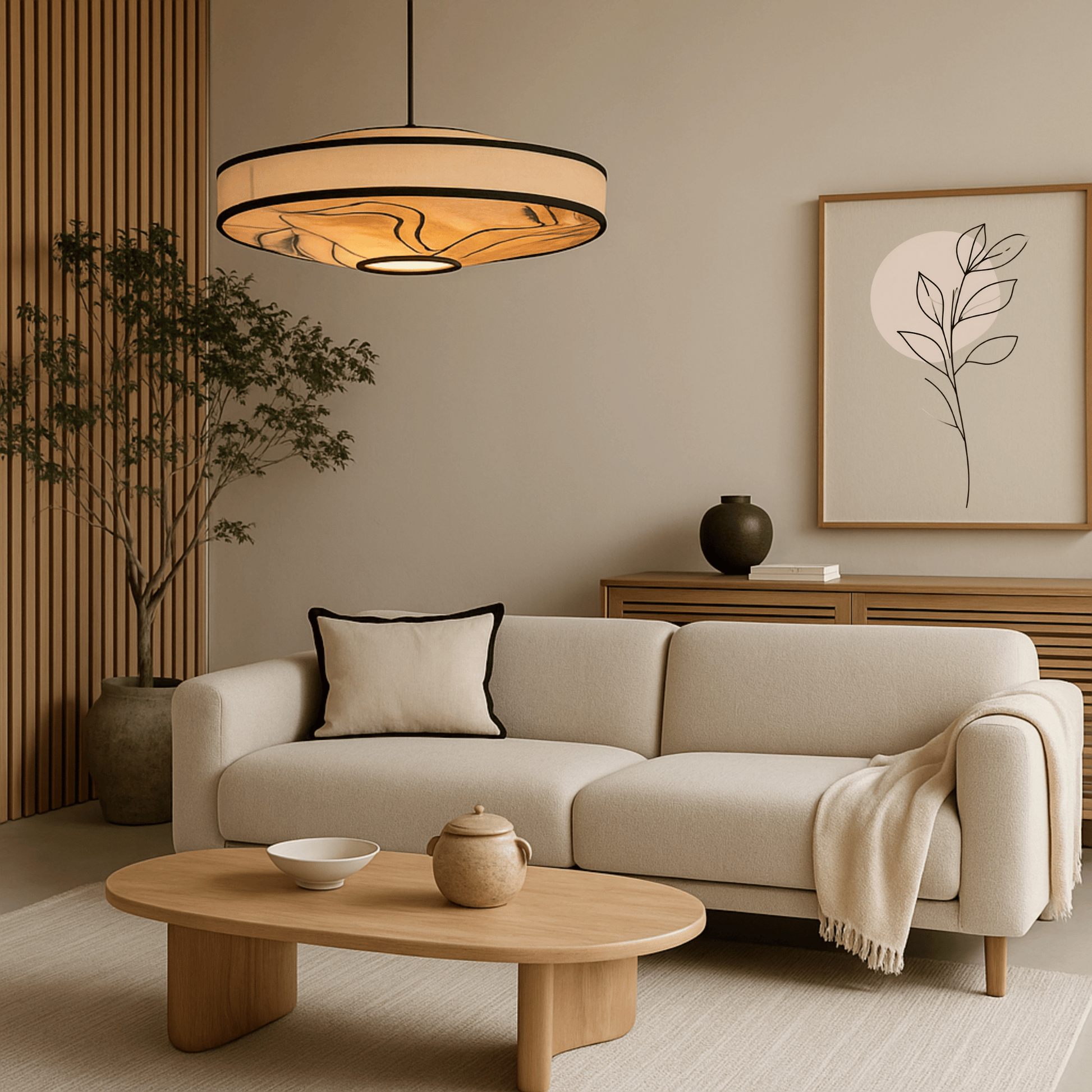 Modern living room with beige sofa, wooden coffee table, and decorative elements.