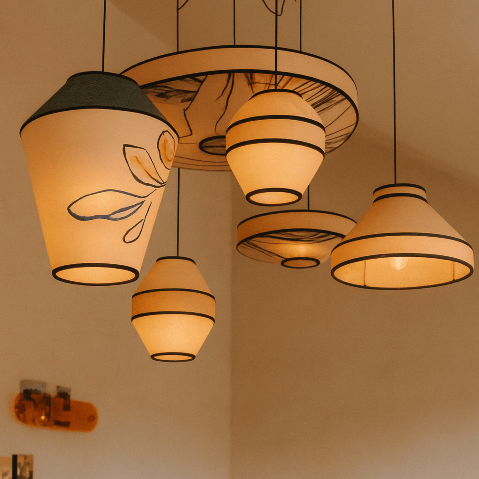 Set of hanging pendant lights with a warm glow on a beige wall.