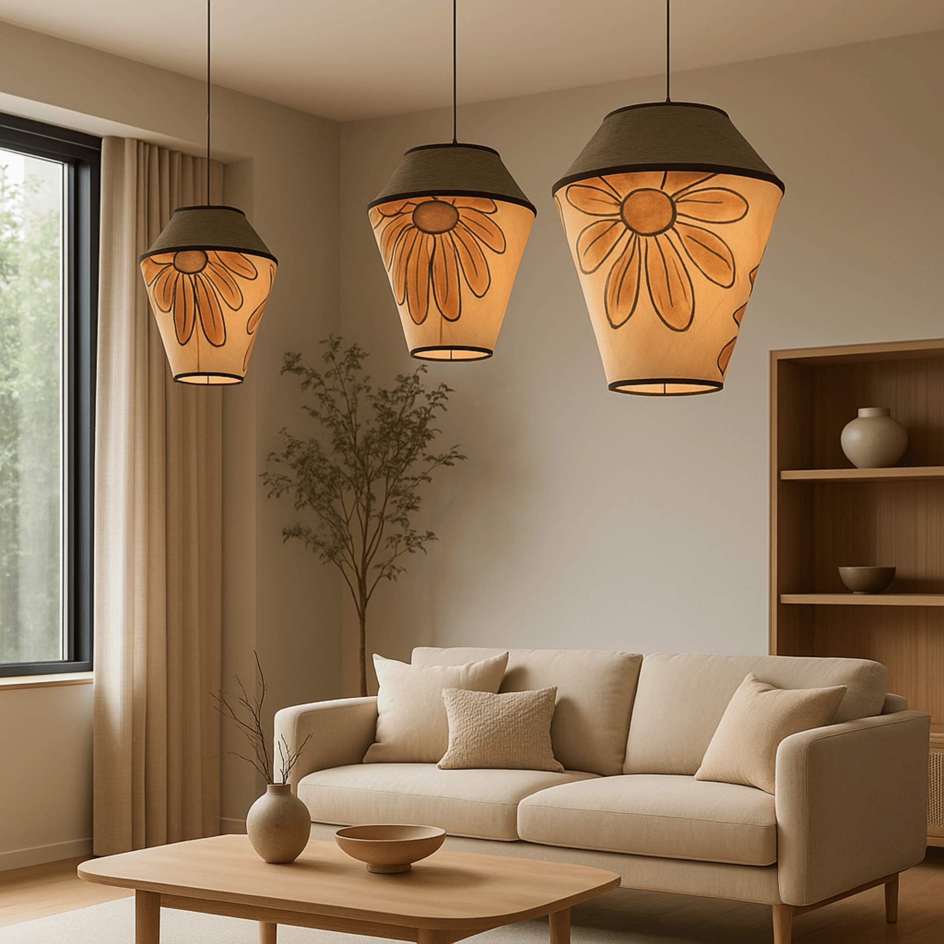 Living room with beige sofa, wooden coffee table, and floral-patterned pendant lights.