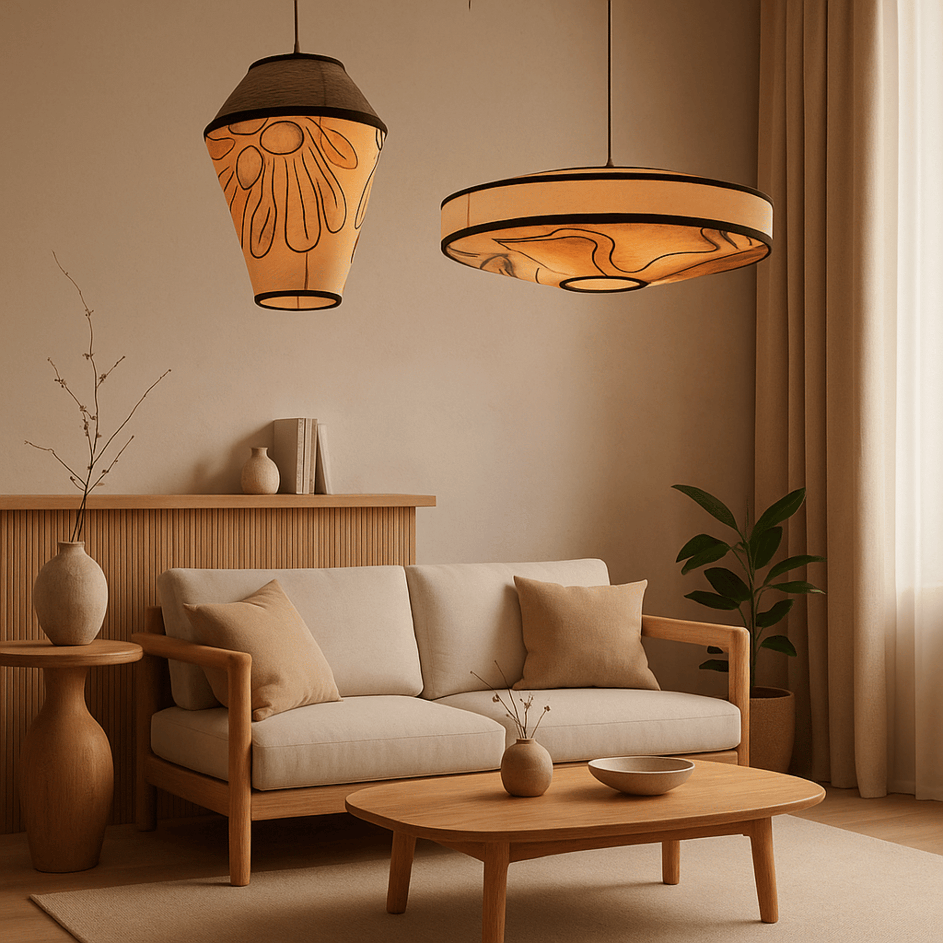Cozy living room with beige sofa, wooden coffee table, and decorative lamps.